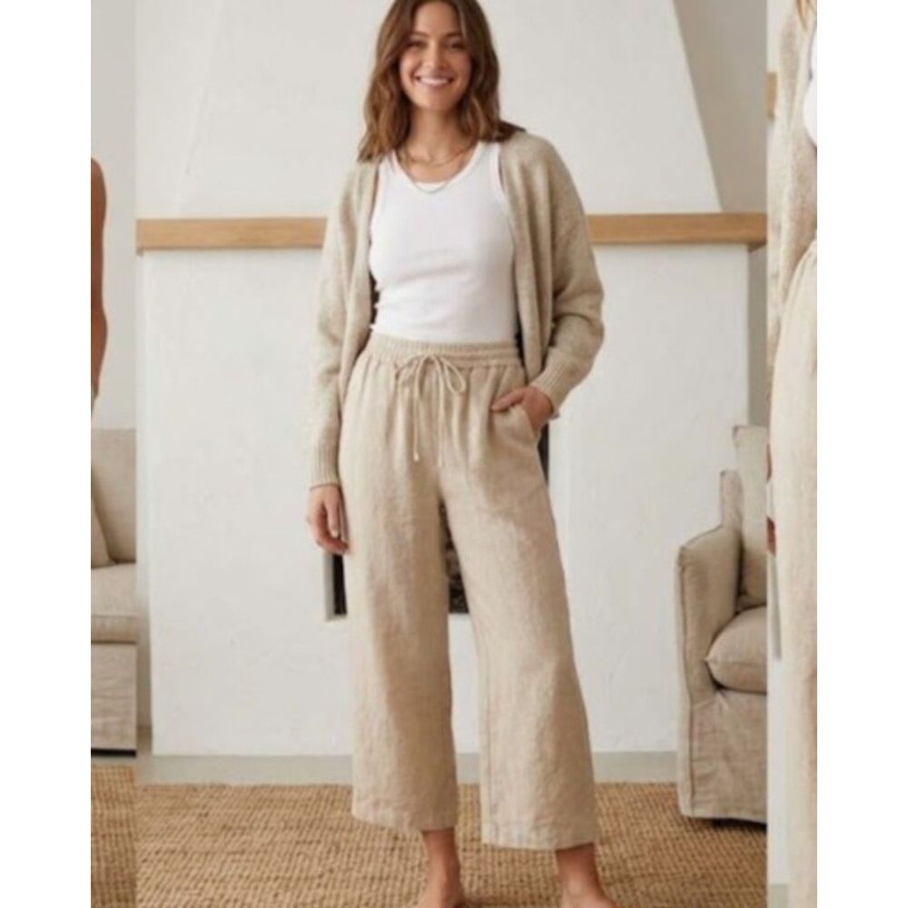 H by Halston 100% Linen Beige Wide Leg Cropped Pants Minimalist Coastal